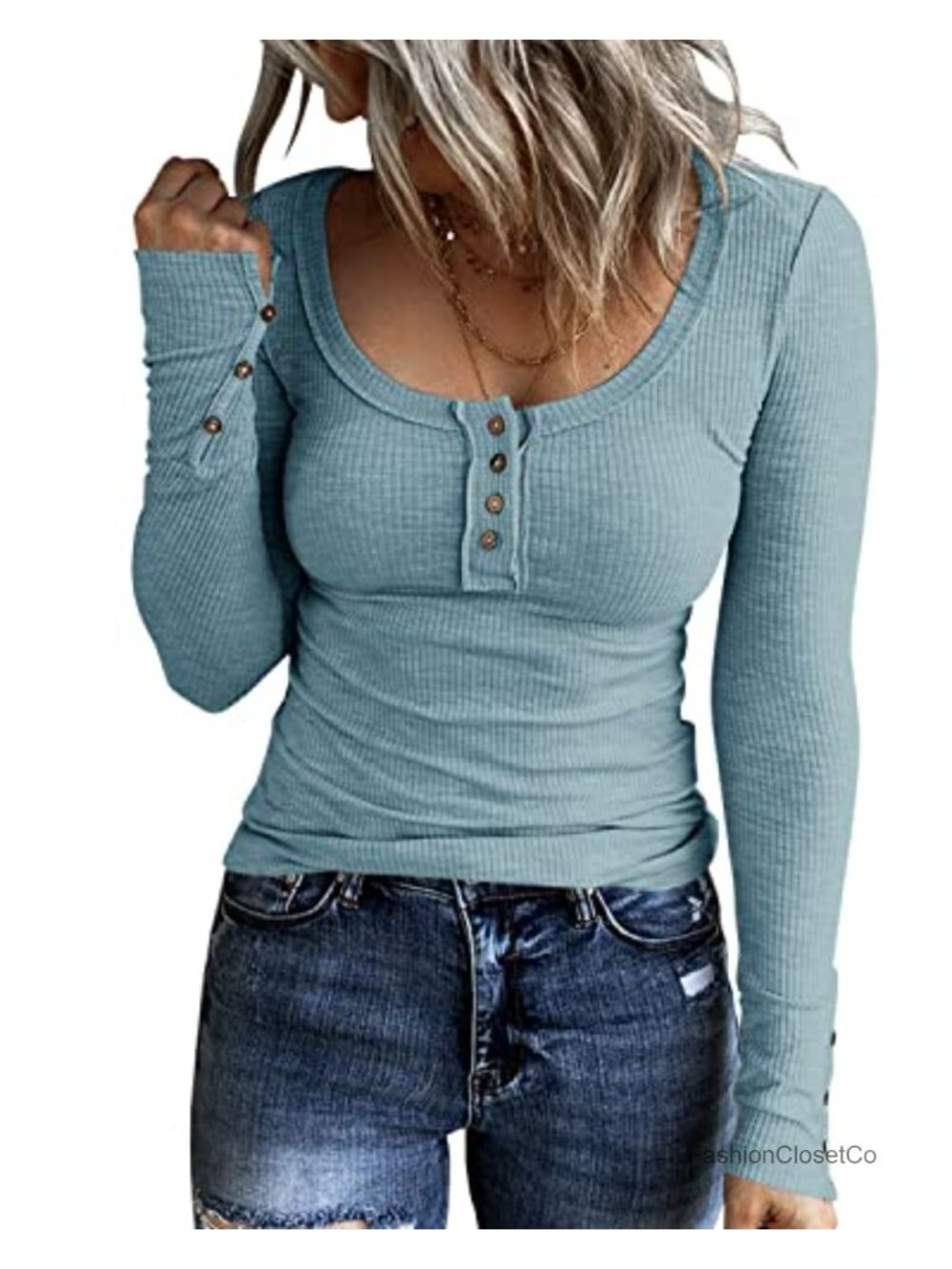 Women Long Sleeve Henley Scoop Neck Top Cotton Blend Slim Fit